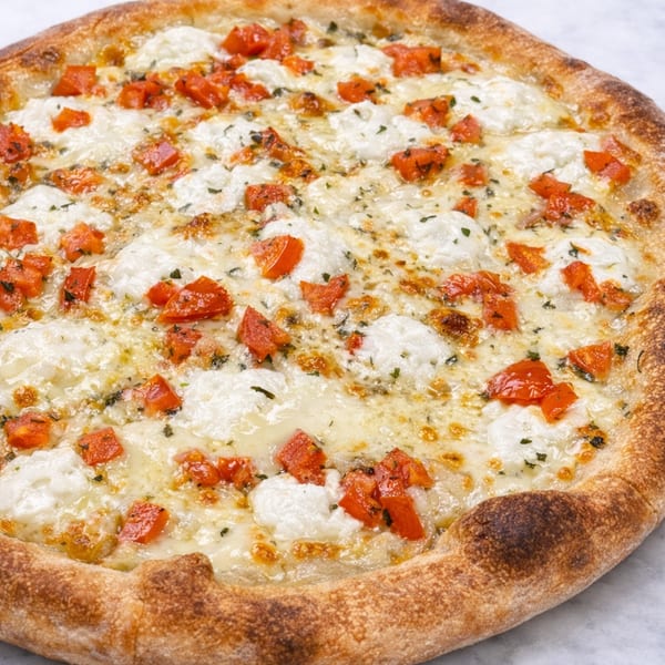 Close-up of a white pizza with melted cheese, dollops of ricotta, diced tomatoes, and herbs.