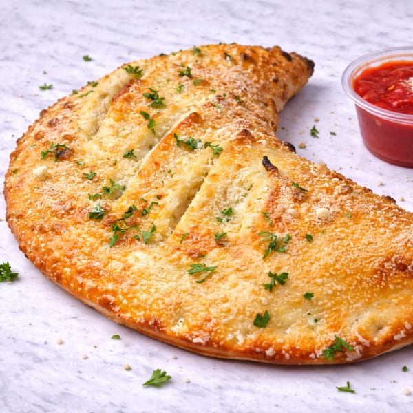 Golden-brown calzone topped with parmesan cheese and parsley, served with a side of marinara sauce.