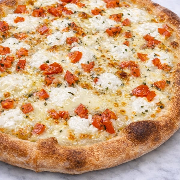 Close-up of a white pizza with melted mozzarella, dollops of ricotta, diced tomatoes, and herbs.