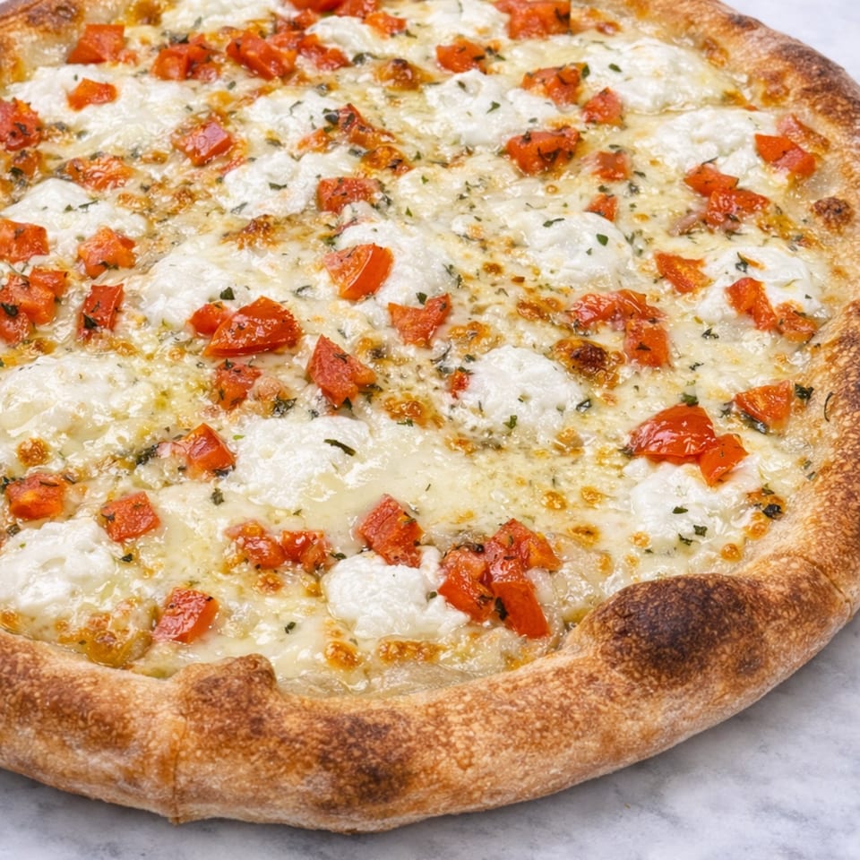 Close-up of a white pizza with melted mozzarella, dollops of ricotta, diced tomatoes, and herbs.