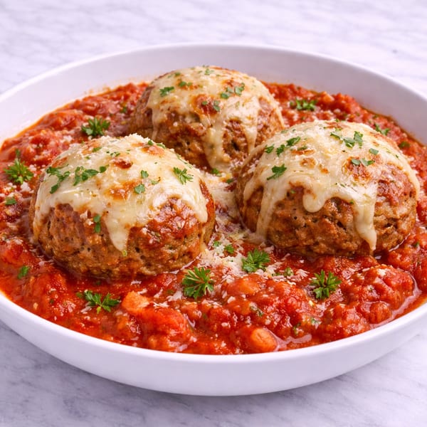 Three large meatballs topped with melted cheese and parsley in a rich red tomato sauce.
