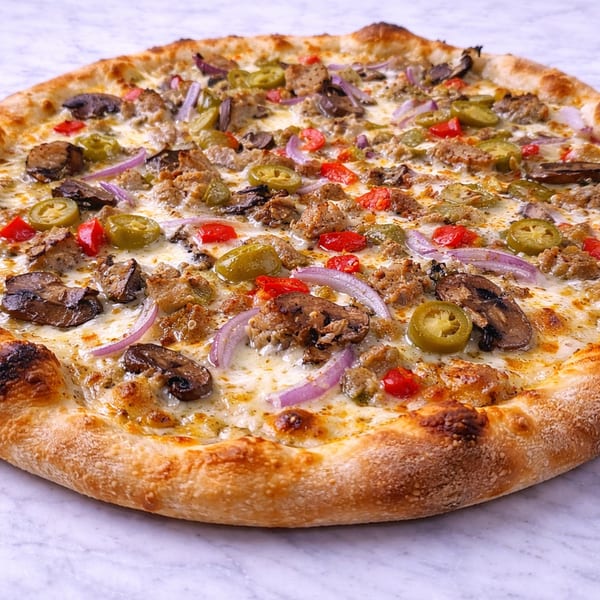 Close-up of a pizza with white sauce, sausage, mushrooms, red onions, red peppers, and jalapeños.